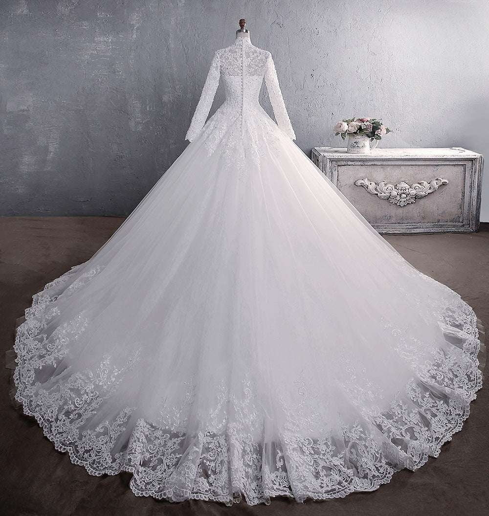 Lace Wedding Dress Bridal Stand-up Collar Long-sleeved Large Tail Large Size Wedding Dresses fashion novaa