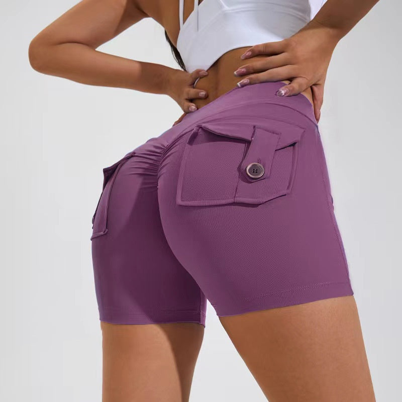 High Waist Hip Lifting Shorts With Pockets Quick Dry Yoga Fitness Sports Pants Summer Women Clothes Yoga Pants fashion novaa Plum Purple L