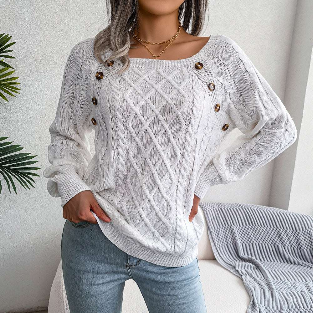 Square Neck Knitted Sweater With Button Design Winter Warm Long Sleeve Tops Women's Clothing dress fashion novaa