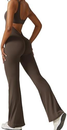 Women Sleeveless Flare Jumpsuits Fitness Yoga Long Pants Yoga Pants fashion novaa Deep Coffee 2XL