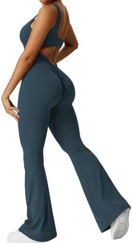 Women Sleeveless Flare Jumpsuits Fitness Yoga Long Pants Yoga Pants fashion novaa Dark Green 2XL