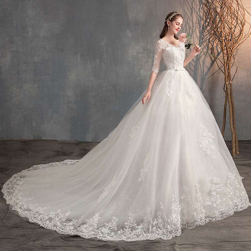 Wedding Dress Trailing Deep V Neck Lace High Waist Wedding Dress Long Sleeves Wedding Dresses fashion novaa White with tail 10