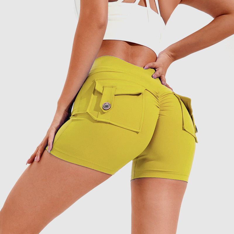 High Waist Hip Lifting Shorts With Pockets Quick Dry Yoga Fitness Sports Pants Summer Women Clothes Yoga Pants fashion novaa Sun God Yellow L