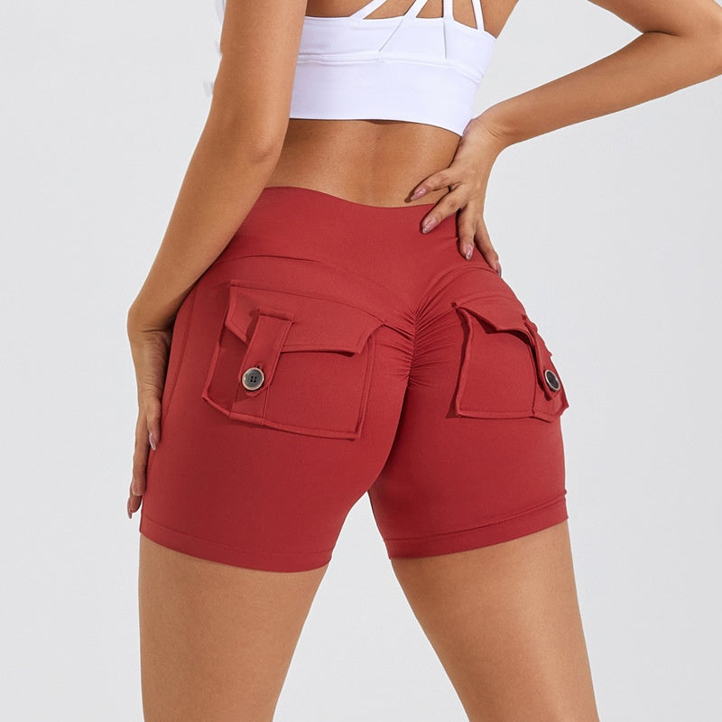 High Waist Hip Lifting Shorts With Pockets Quick Dry Yoga Fitness Sports Pants Summer Women Clothes Yoga Pants fashion novaa Cayenne Red L