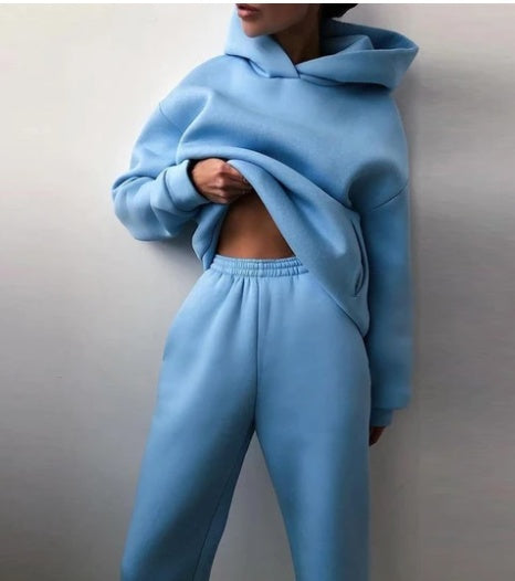 Women's Casual Hooded Sweater Two-piece Suit Clothes Hoodie Tracksuit Trench Coat fashion novaa Blue 3XL