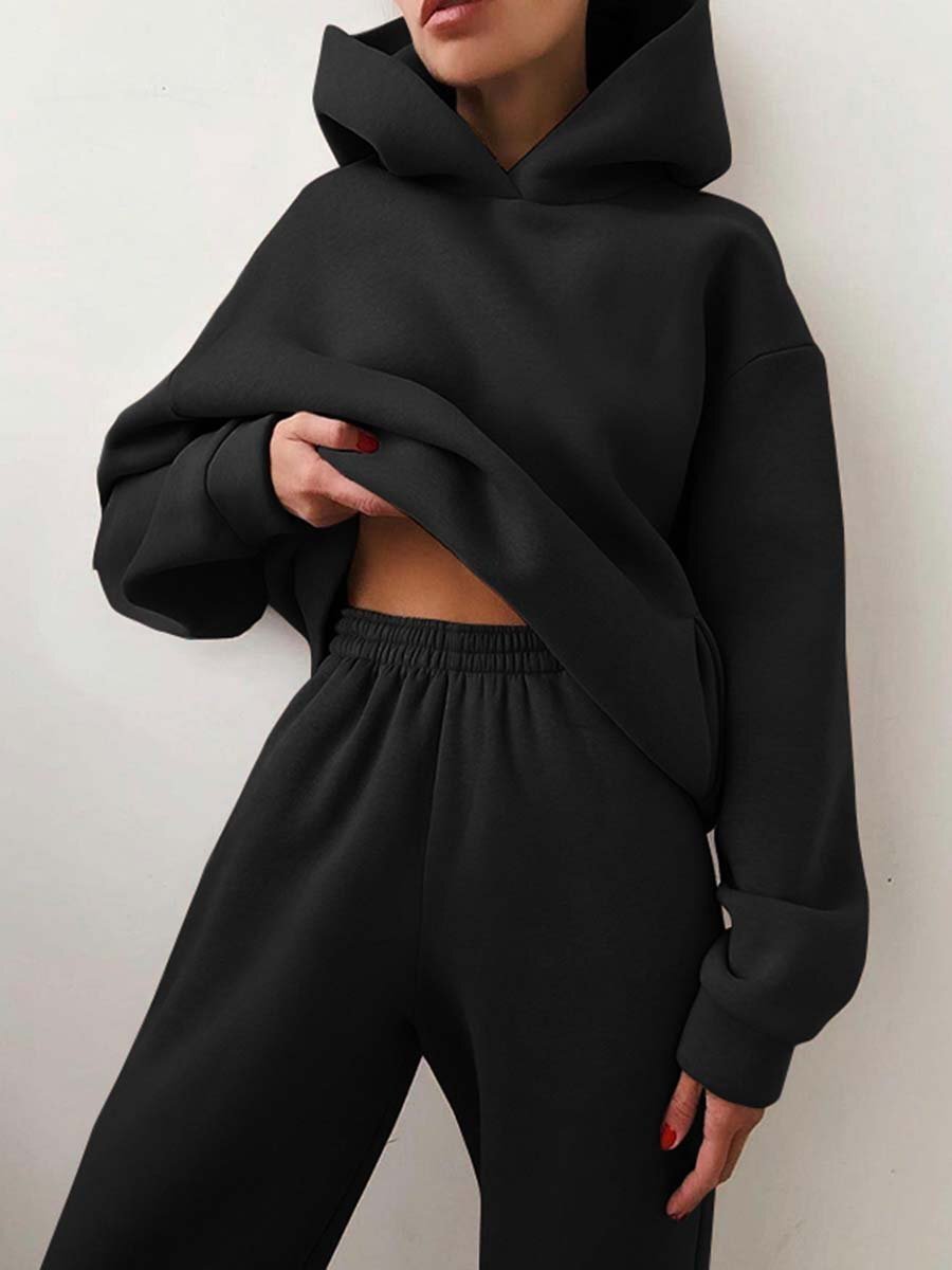 Women's Casual Hooded Sweater Two-piece Suit Clothes Hoodie Tracksuit Trench Coat fashion novaa Black 3XL