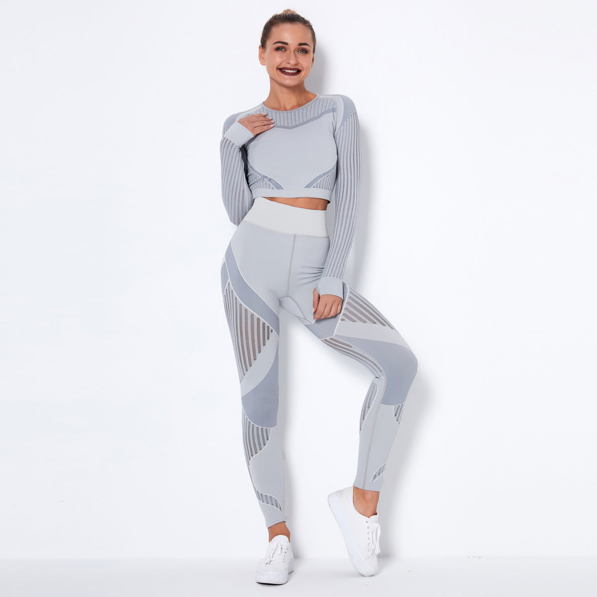 Seamless Knitted Absorbent Yoga Long-Sleeved Suit Yoga Wearsuit Yoga Pants fashion novaa Light Grey L