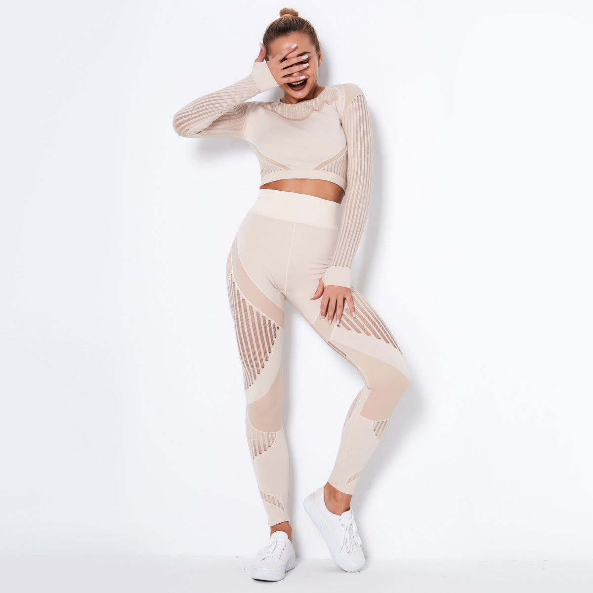 Seamless Knitted Absorbent Yoga Long-Sleeved Suit Yoga Wearsuit Yoga Pants fashion novaa Khaki L