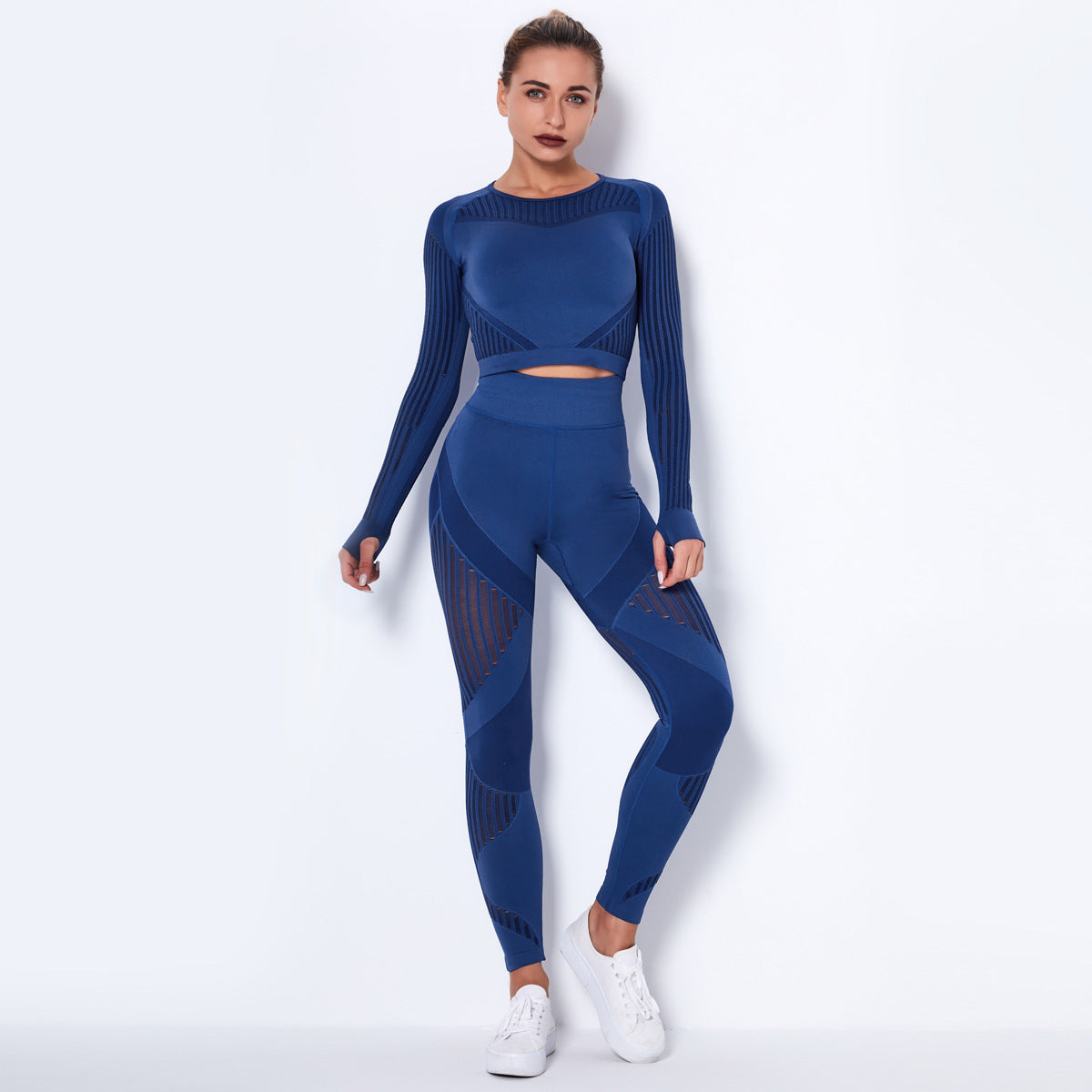 Seamless Knitted Absorbent Yoga Long-Sleeved Suit Yoga Wearsuit Yoga Pants fashion novaa Navy Blue L
