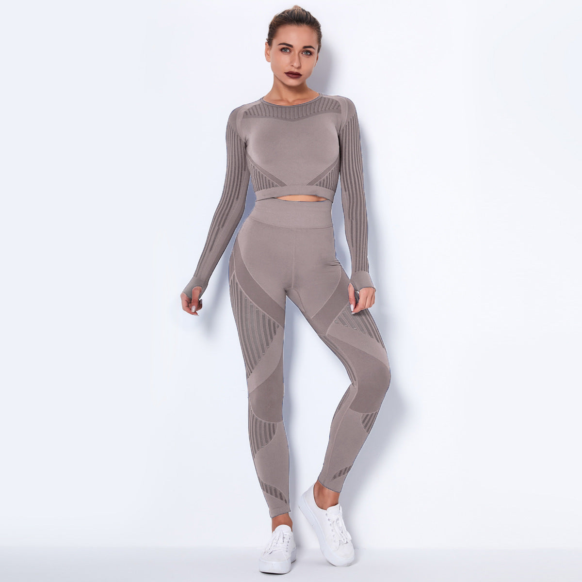 Seamless Knitted Absorbent Yoga Long-Sleeved Suit Yoga Wearsuit Yoga Pants fashion novaa Brown L