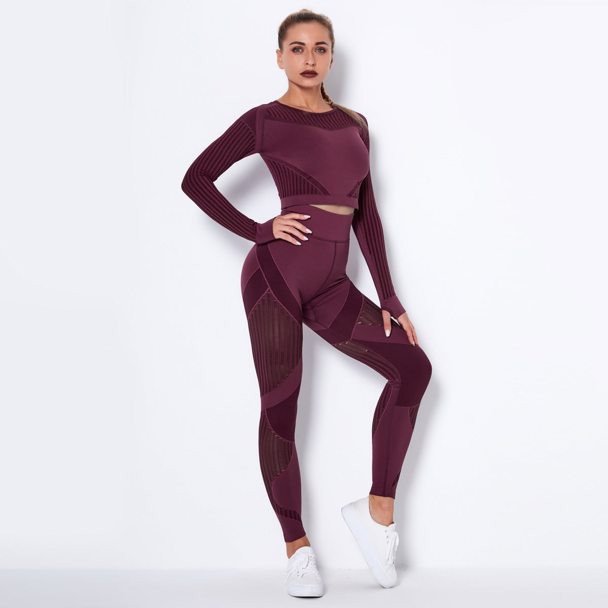 Seamless Knitted Absorbent Yoga Long-Sleeved Suit Yoga Wearsuit Yoga Pants fashion novaa Wine Red L