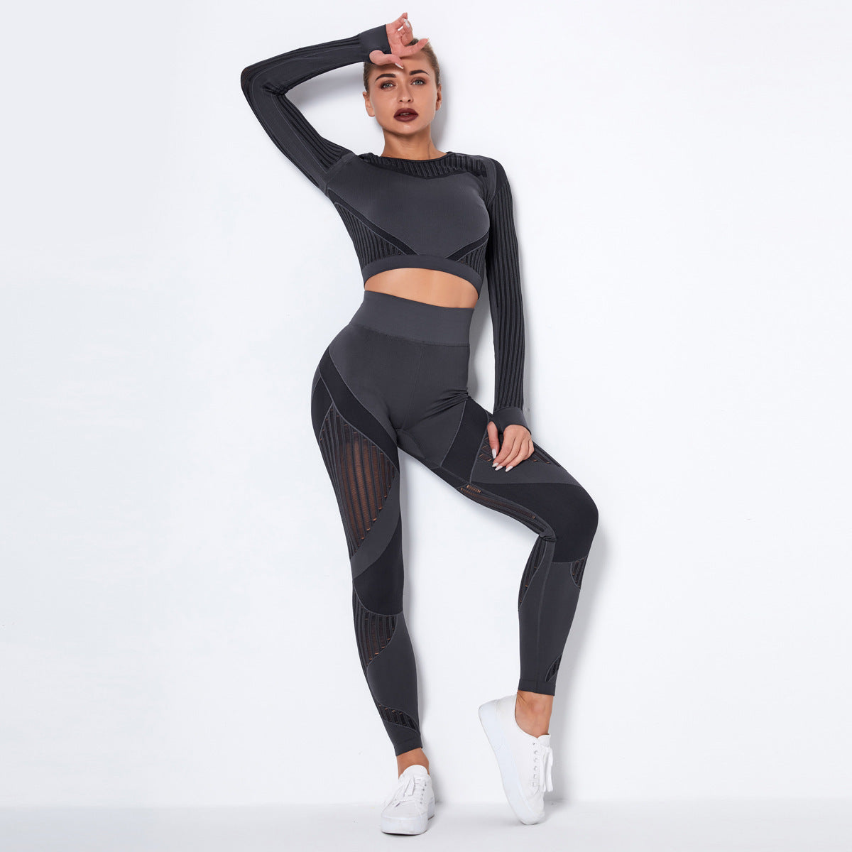 Seamless Knitted Absorbent Yoga Long-Sleeved Suit Yoga Wearsuit Yoga Pants fashion novaa Dark Grey L