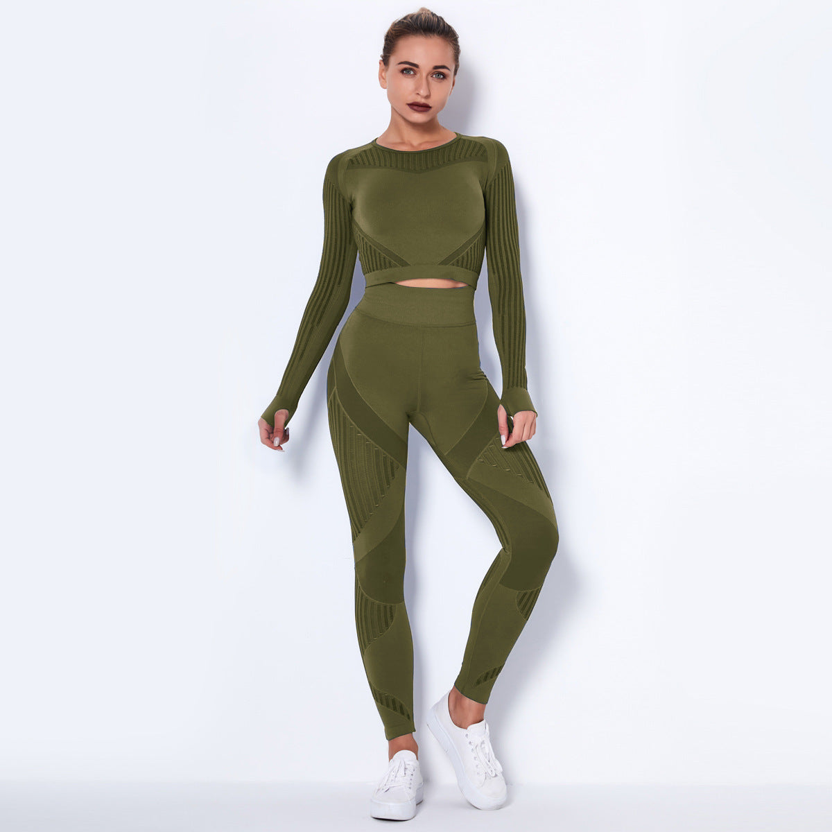 Seamless Knitted Absorbent Yoga Long-Sleeved Suit Yoga Wearsuit Yoga Pants fashion novaa Green L