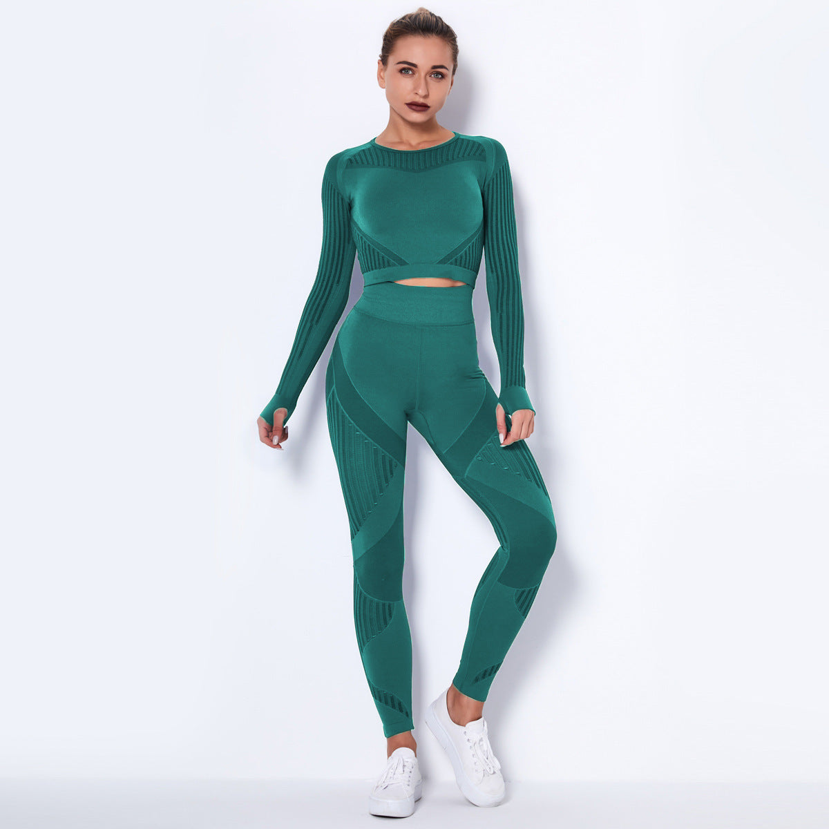 Seamless Knitted Absorbent Yoga Long-Sleeved Suit Yoga Wearsuit Yoga Pants fashion novaa Olive Green L
