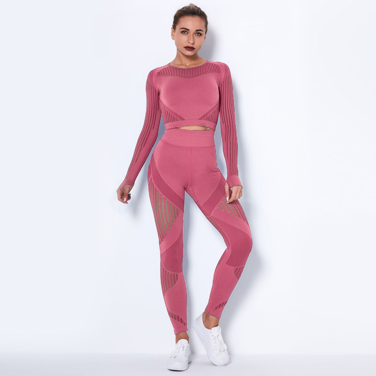 Seamless Knitted Absorbent Yoga Long-Sleeved Suit Yoga Wearsuit Yoga Pants fashion novaa Watermelon Red L