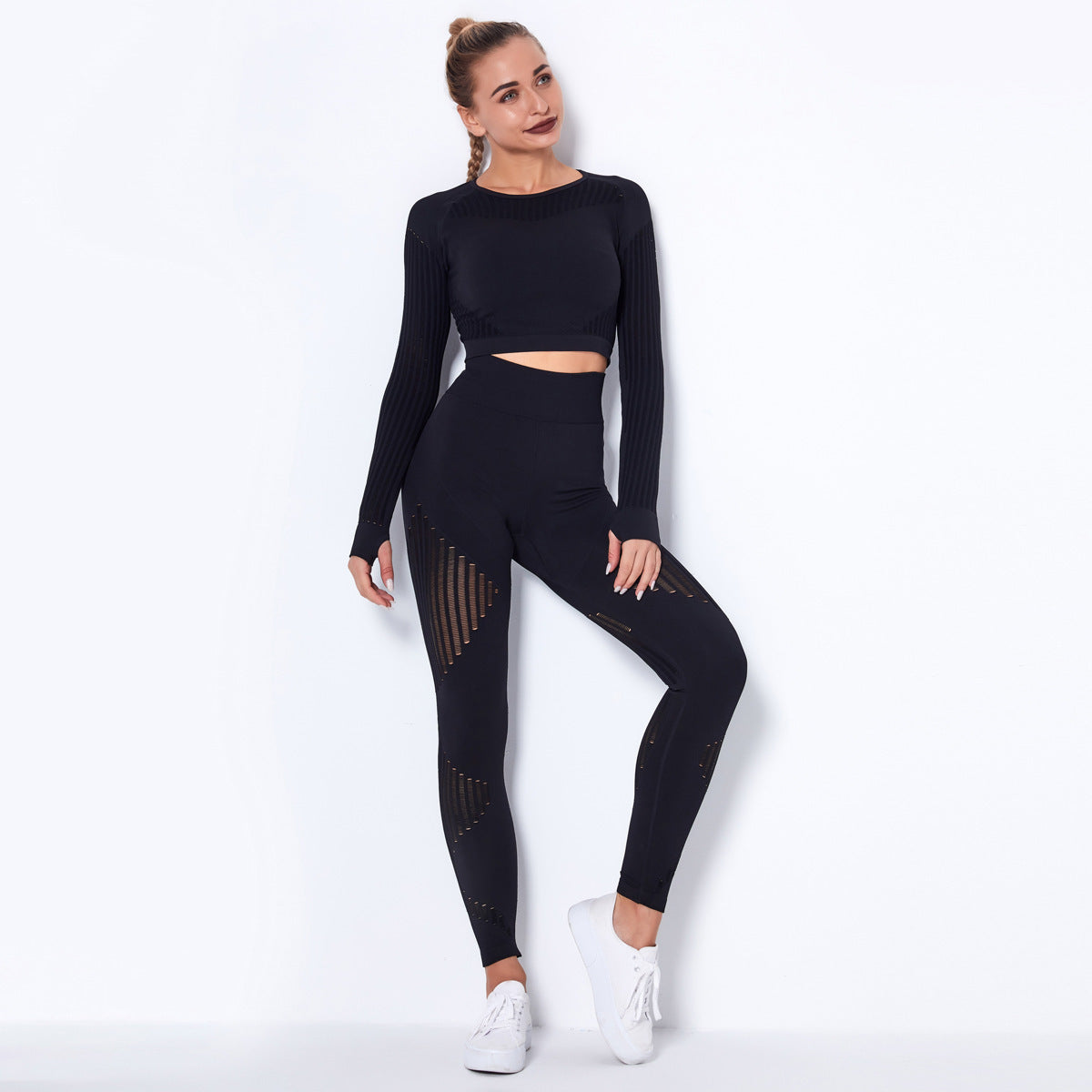 Seamless Knitted Absorbent Yoga Long-Sleeved Suit Yoga Wearsuit Yoga Pants fashion novaa Black L