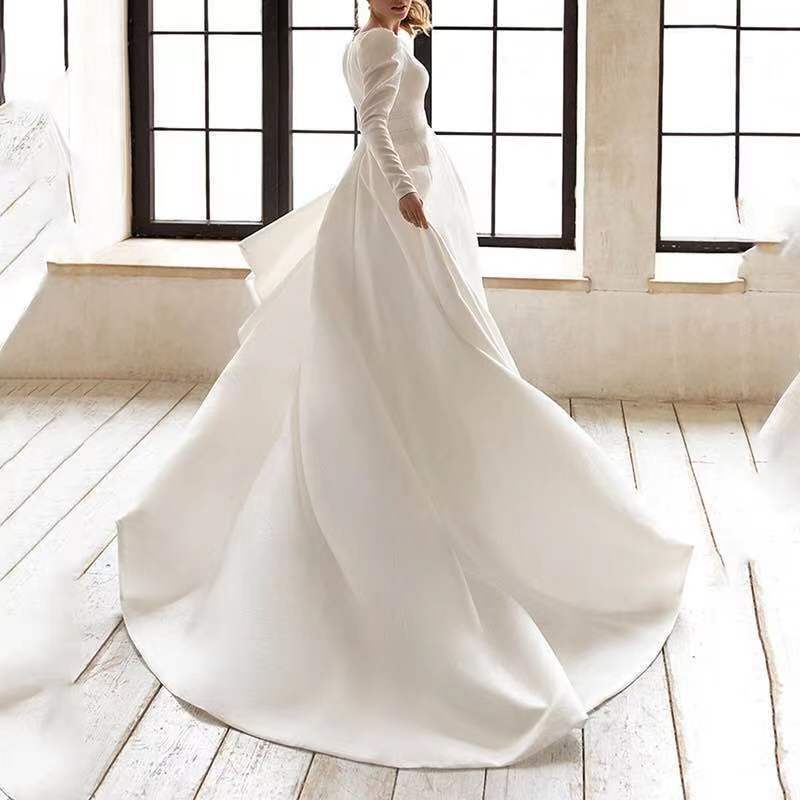 Ladies Style White Dress Satin Surface Was Thin And High French Temperament Dress Long Skirt Wedding Dresses fashion novaa Beige 2XL