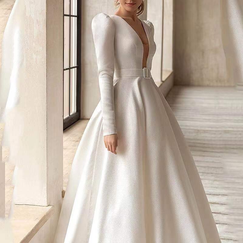 Ladies Style White Dress Satin Surface Was Thin And High French Temperament Dress Long Skirt Wedding Dresses fashion novaa