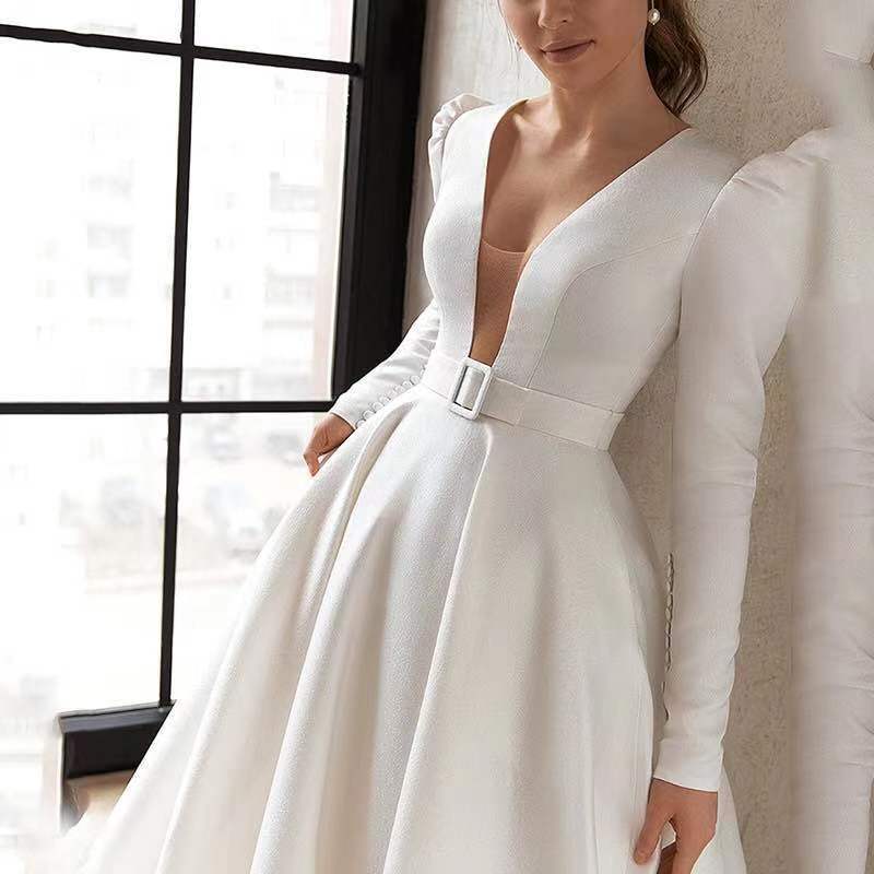 Ladies Style White Dress Satin Surface Was Thin And High French Temperament Dress Long Skirt Wedding Dresses fashion novaa