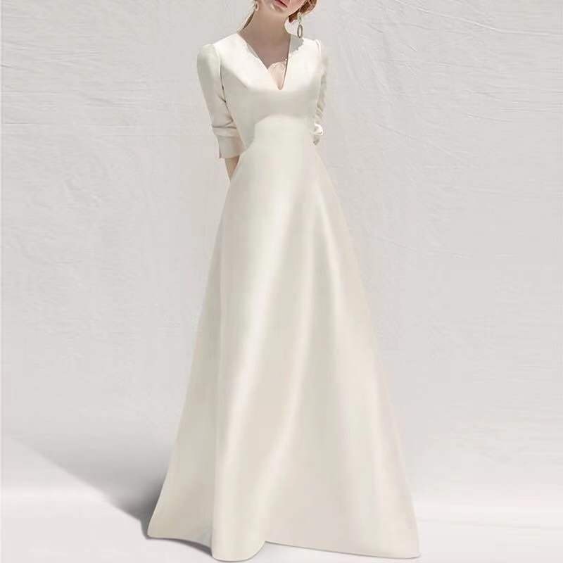 Ladies Style White Dress Satin Surface Was Thin And High French Temperament Dress Long Skirt Wedding Dresses fashion novaa