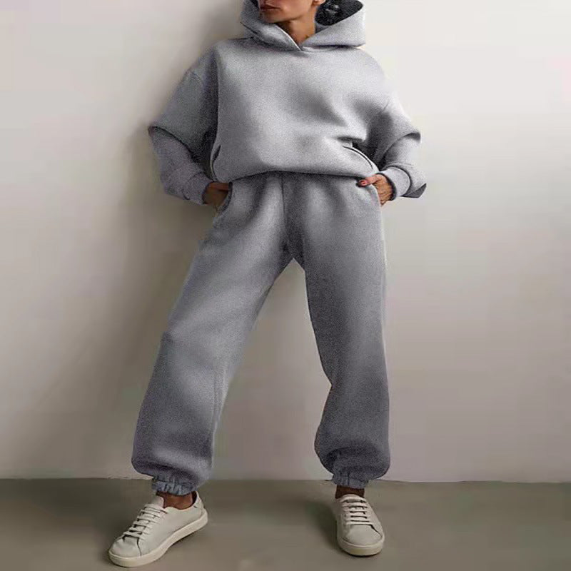 Women's Casual Hooded Sweater Two-piece Suit Clothes Hoodie Tracksuit Trench Coat fashion novaa Light grey 2XL