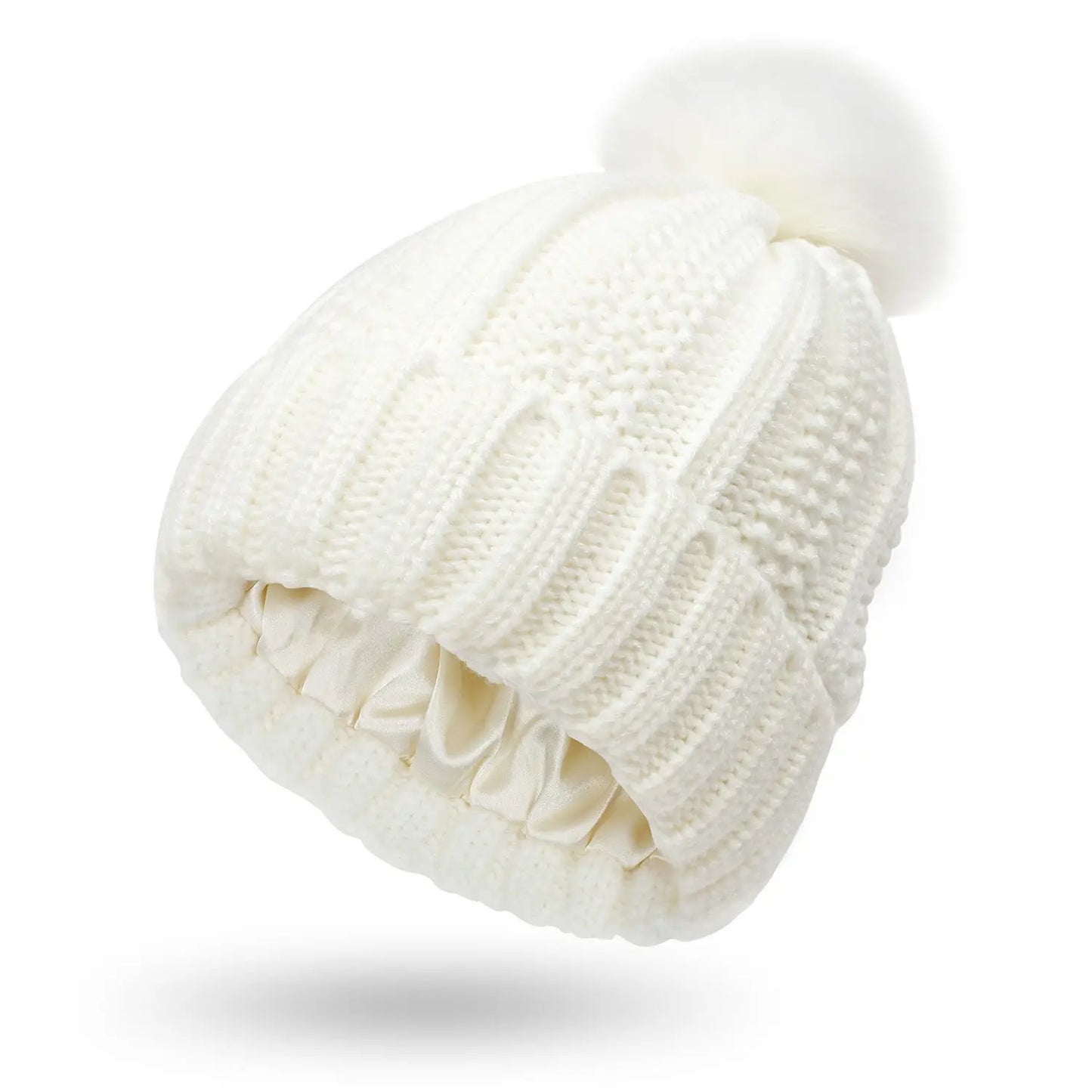 Fashion Stretchy Satin Lined Skull Knit Hats Beanie Hat For Women Faux Fur Pom Pom Hat Winter Keep Warming Beanie Hat Trending Products fashion novaa White One size