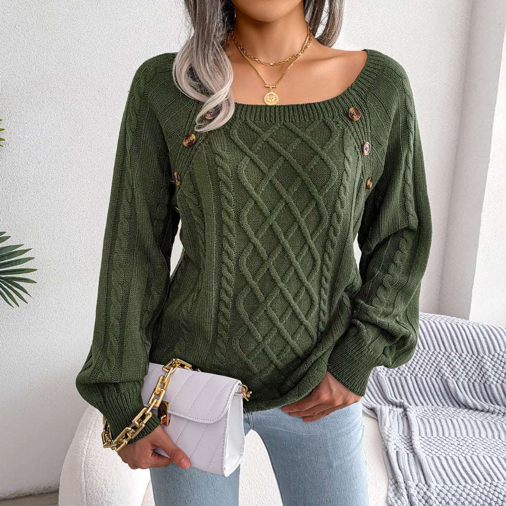 Square Neck Knitted Sweater With Button Design Winter Warm Long Sleeve Tops Women's Clothing dress fashion novaa