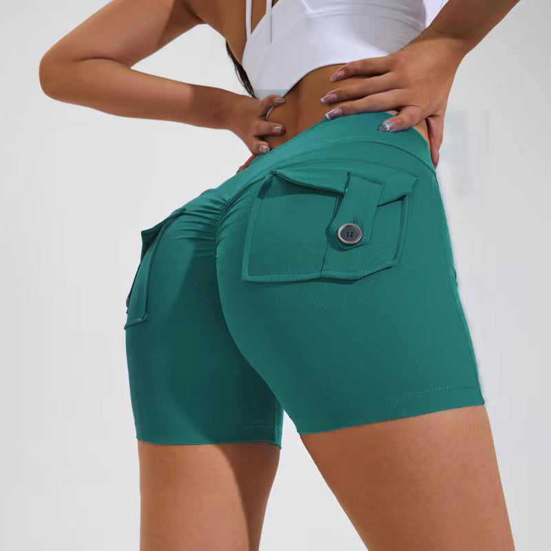 High Waist Hip Lifting Shorts With Pockets Quick Dry Yoga Fitness Sports Pants Summer Women Clothes Yoga Pants fashion novaa Lake Green L