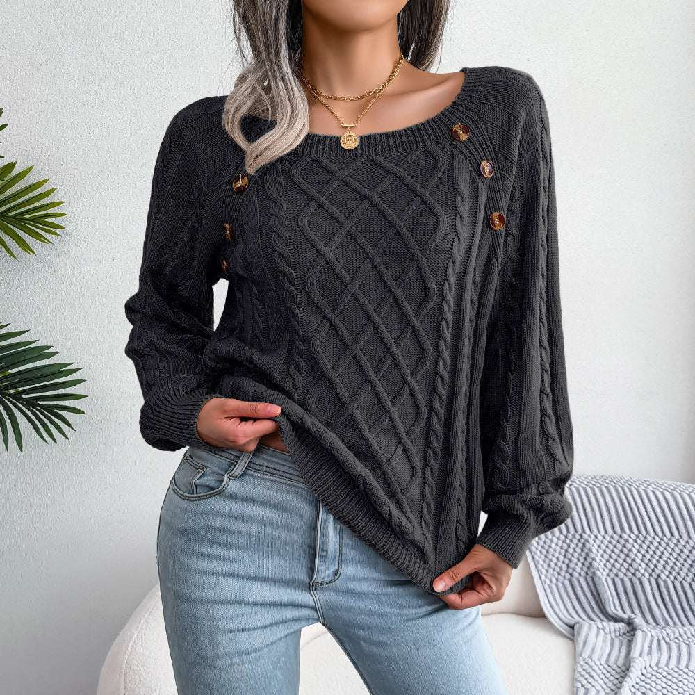 Square Neck Knitted Sweater With Button Design Winter Warm Long Sleeve Tops Women's Clothing dress fashion novaa