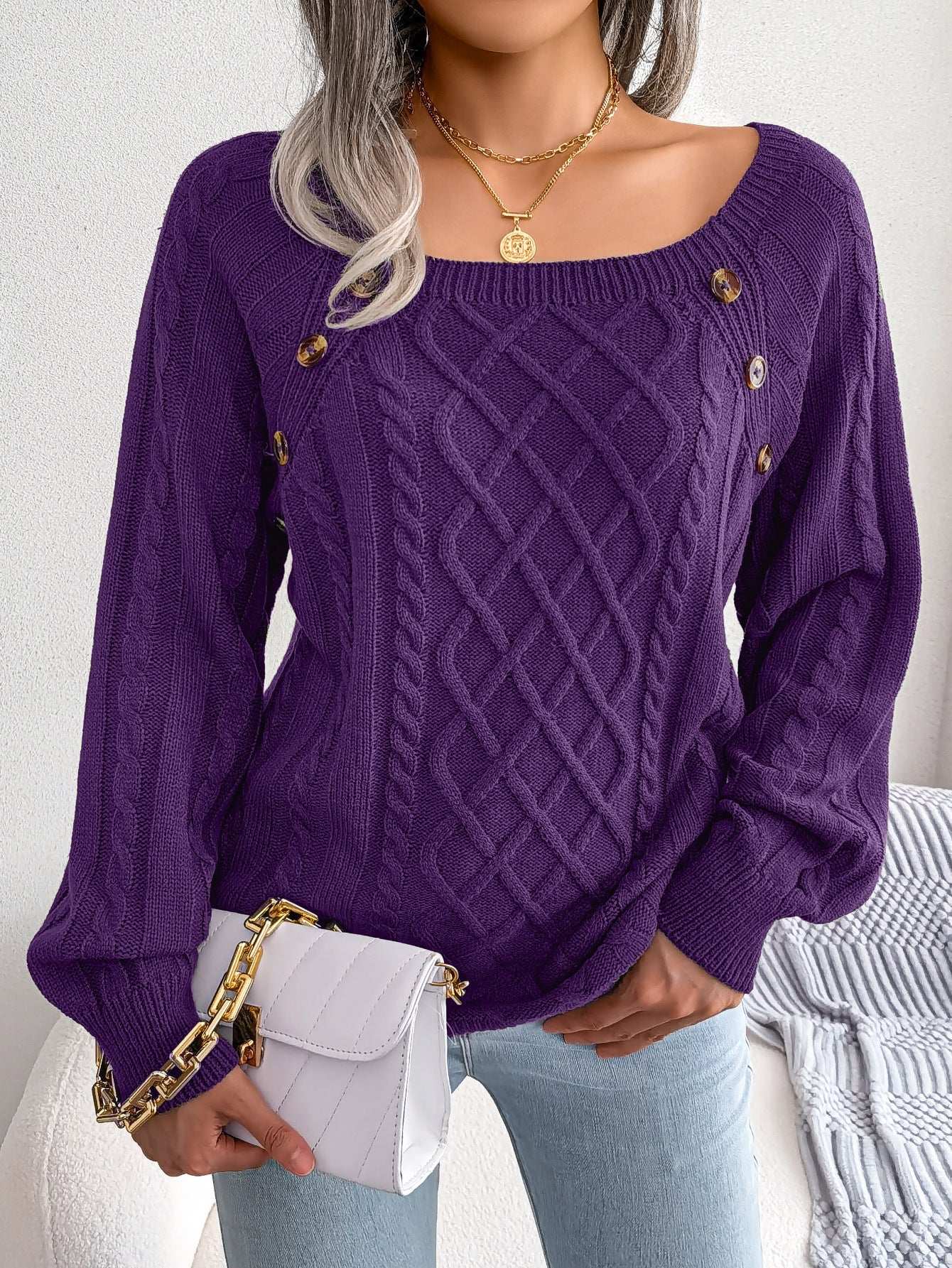 Square Neck Knitted Sweater With Button Design Winter Warm Long Sleeve Tops Women's Clothing dress fashion novaa Purple 2XL