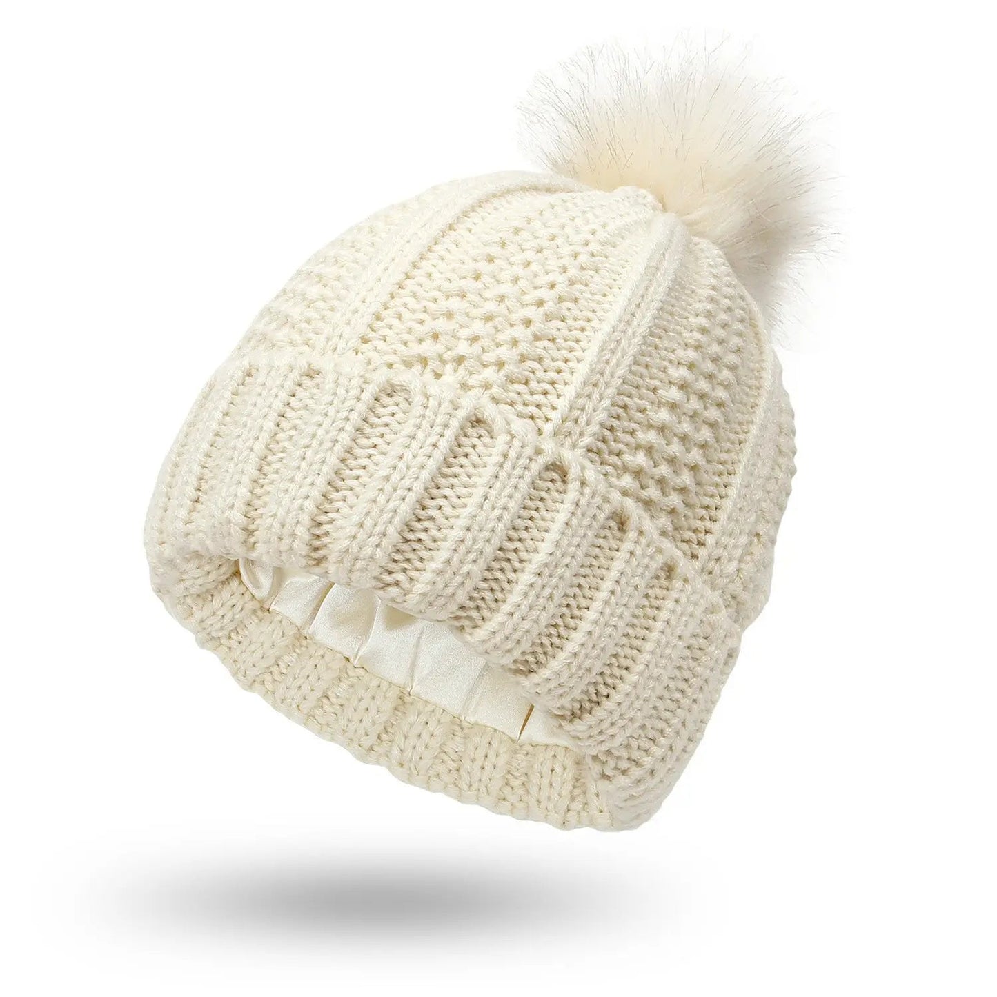 Fashion Stretchy Satin Lined Skull Knit Hats Beanie Hat For Women Faux Fur Pom Pom Hat Winter Keep Warming Beanie Hat Trending Products fashion novaa
