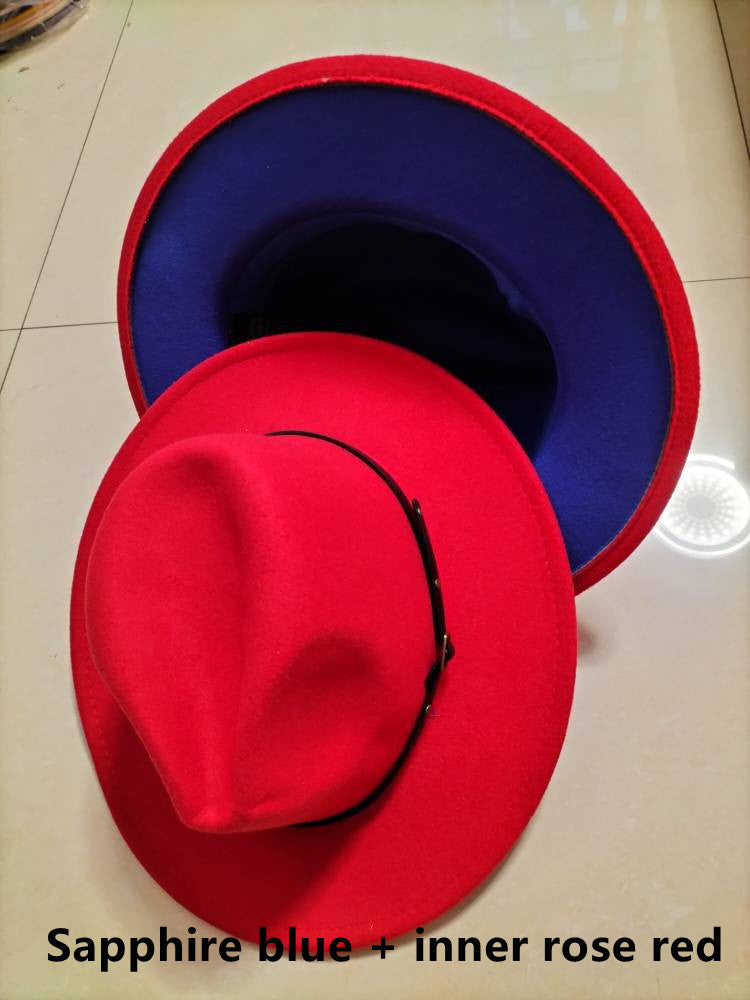 European And American Popular Woolen Top Color Matching Flat Brim Fedora Jazz Hat hat VISMERA Sapphire blue inner rose red M