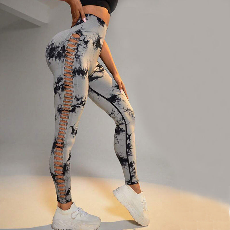 Hollow Tie Dye Printed Yoga Pants High Waist Butt Lift Seamless Sports Gym Fitness Leggings Slim Pants For Women Tight Trousers Yoga Pants fashion novaa Light Grey L