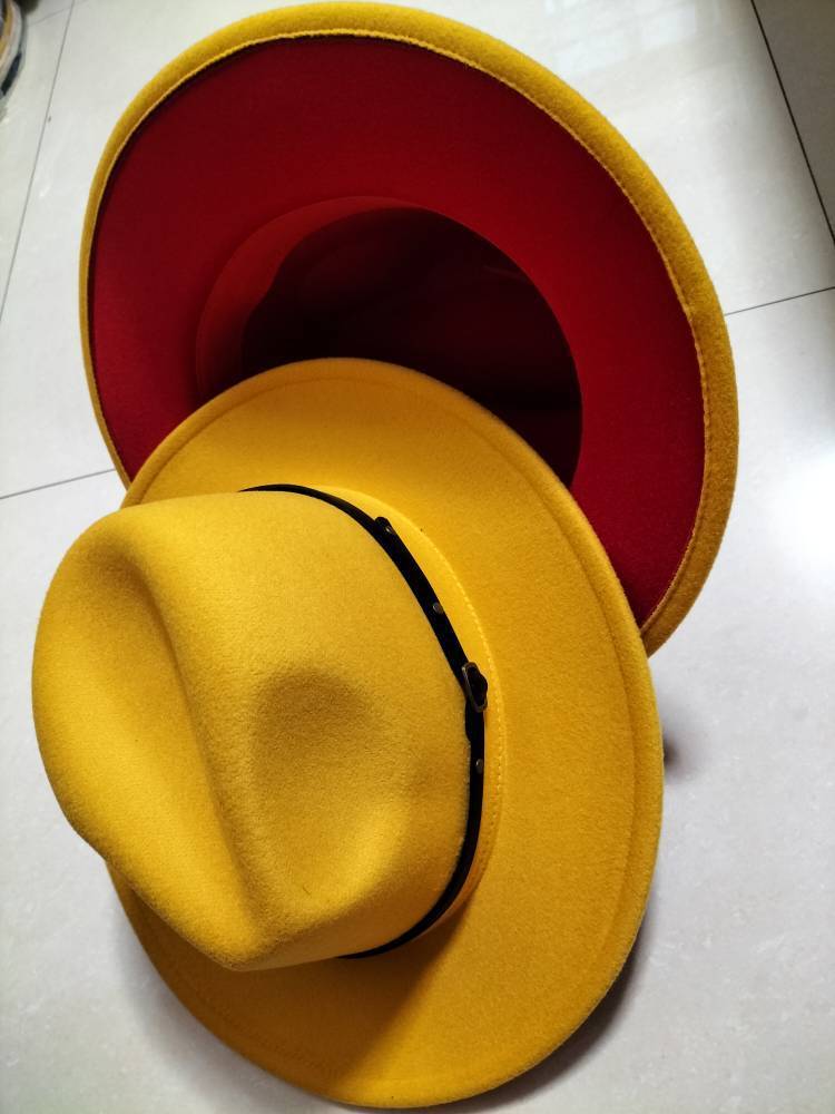 European And American Popular Woolen Top Color Matching Flat Brim Fedora Jazz Hat hat VISMERA Yellow inner red M