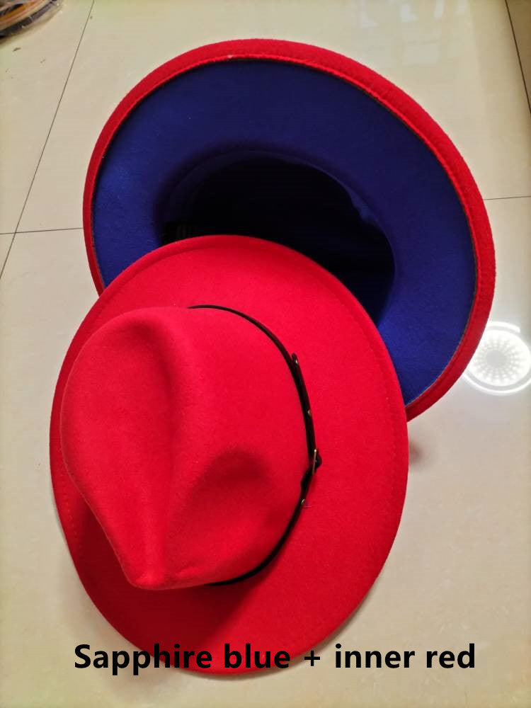 European And American Popular Woolen Top Color Matching Flat Brim Fedora Jazz Hat hat VISMERA Sapphire blue inner red M