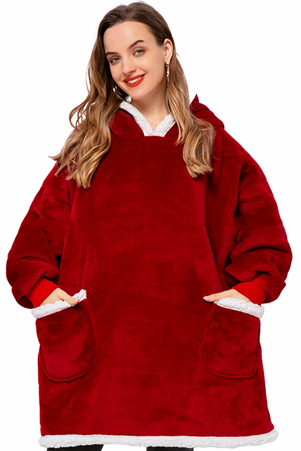 Winter TV Hoodie Blanket Winter Warm Home Clothes Women Men Oversized Pullover With Pockets dress fashion novaa Short wine red One Size