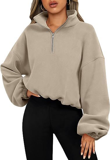 Loose Sport Pullover Hoodie Women Winter Solid Color Zipper Stand Collar Sweatshirt Thick Warm Clothing Trench Coat fashion novaa Khaki L