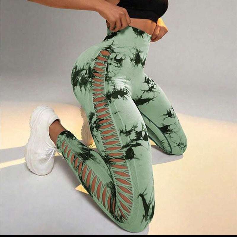 Hollow Tie Dye Printed Yoga Pants High Waist Butt Lift Seamless Sports Gym Fitness Leggings Slim Pants For Women Tight Trousers Yoga Pants fashion novaa