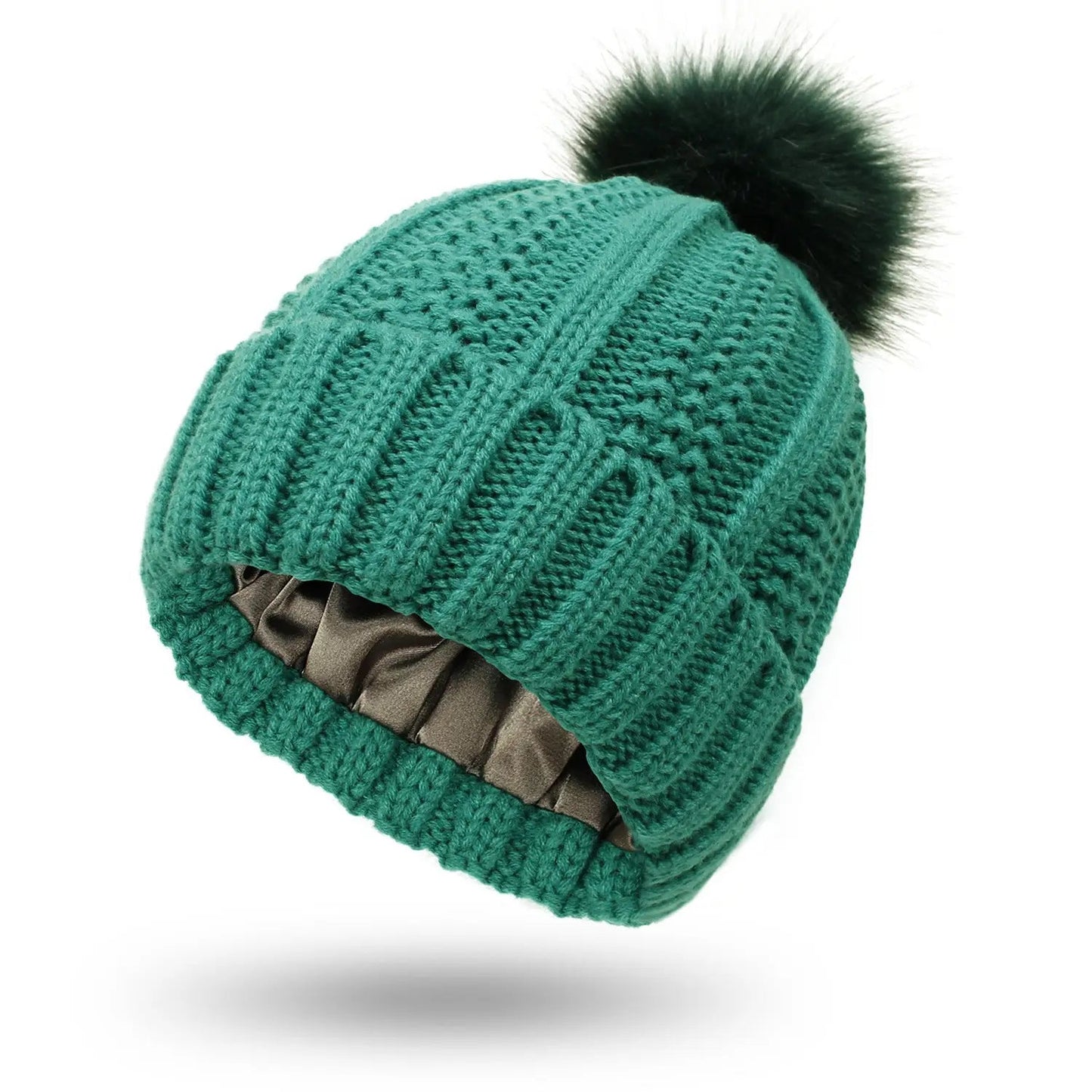 Fashion Stretchy Satin Lined Skull Knit Hats Beanie Hat For Women Faux Fur Pom Pom Hat Winter Keep Warming Beanie Hat Trending Products fashion novaa Green One size