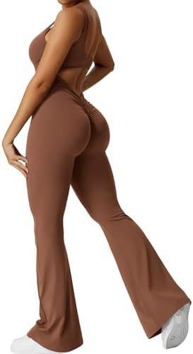 Women Sleeveless Flare Jumpsuits Fitness Yoga Long Pants Yoga Pants fashion novaa Coffee 2XL