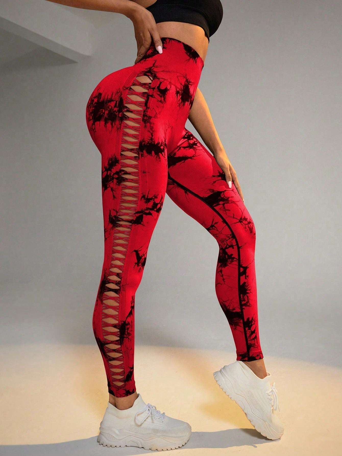 Hollow Tie Dye Printed Yoga Pants High Waist Butt Lift Seamless Sports Gym Fitness Leggings Slim Pants For Women Tight Trousers Yoga Pants fashion novaa Red L