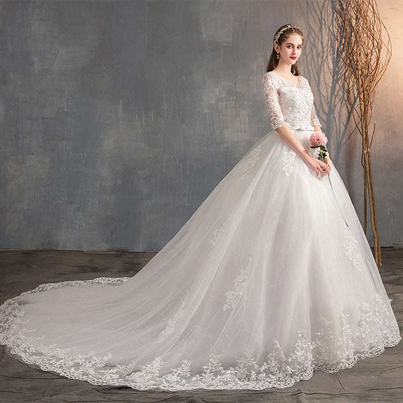 Wedding Dress Trailing Deep V Neck Lace High Waist Wedding Dress Long Sleeves Wedding Dresses fashion novaa