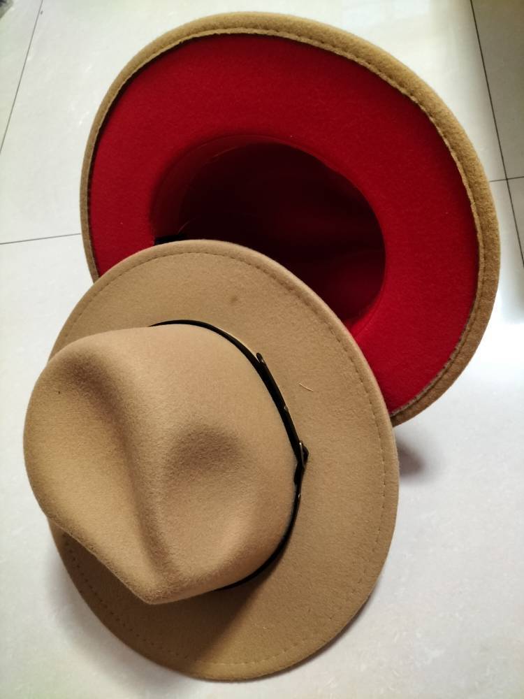 European And American Popular Woolen Top Color Matching Flat Brim Fedora Jazz Hat hat VISMERA Camel inner red M
