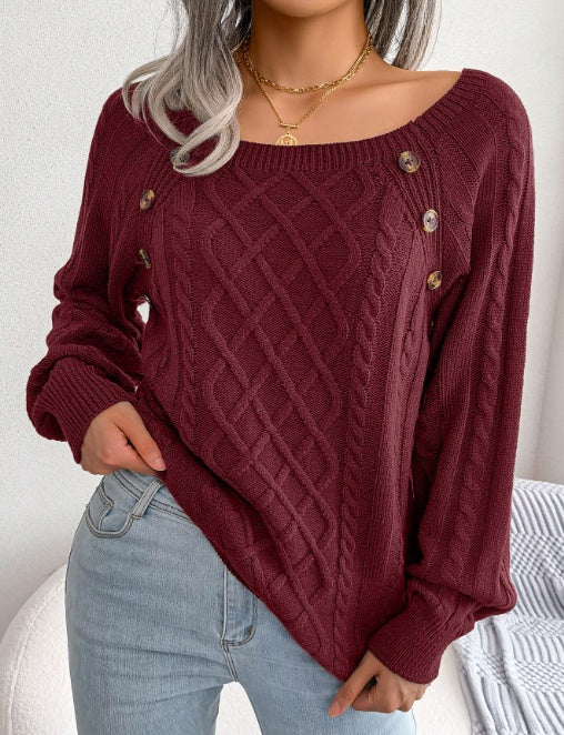 Square Neck Knitted Sweater With Button Design Winter Warm Long Sleeve Tops Women's Clothing dress fashion novaa Wine Red L