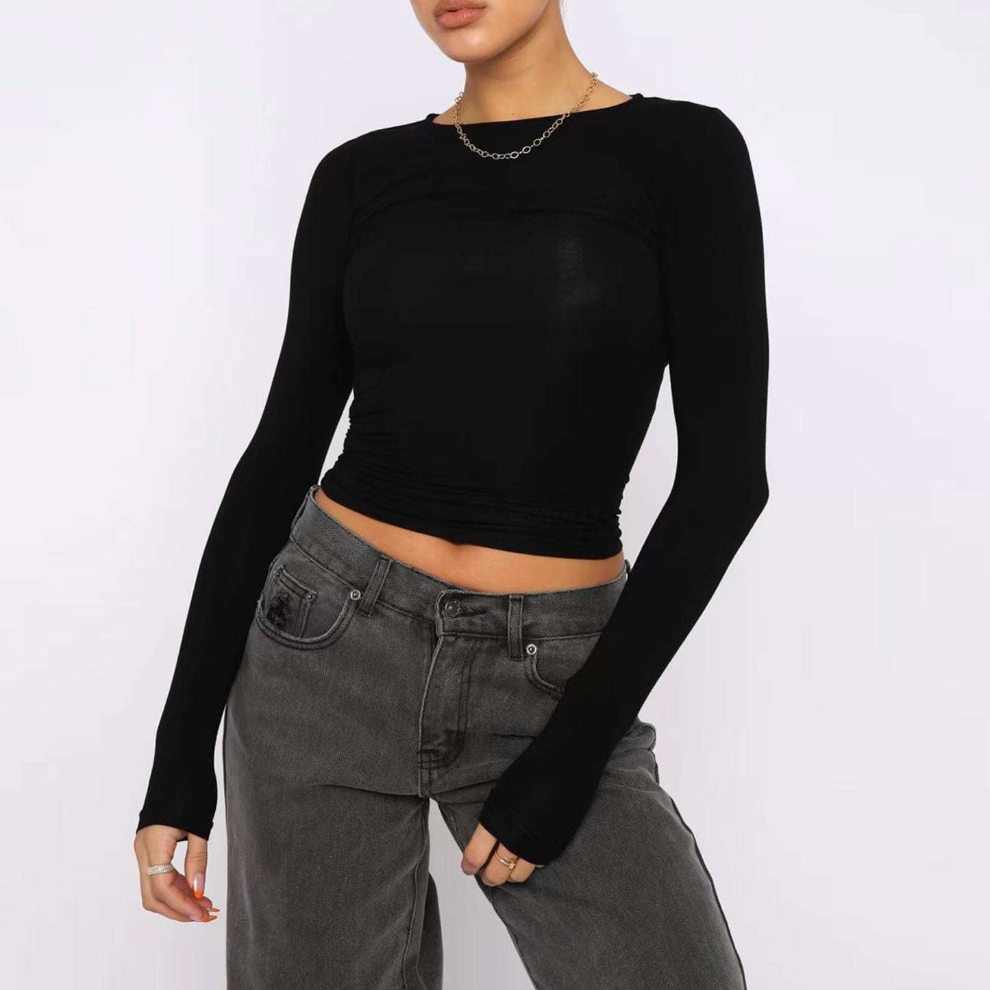 Women's Clothing Fashion Slim Long-sleeved Pullovers Tops Solid Causal Fit Shirts dress fashion novaa Black L