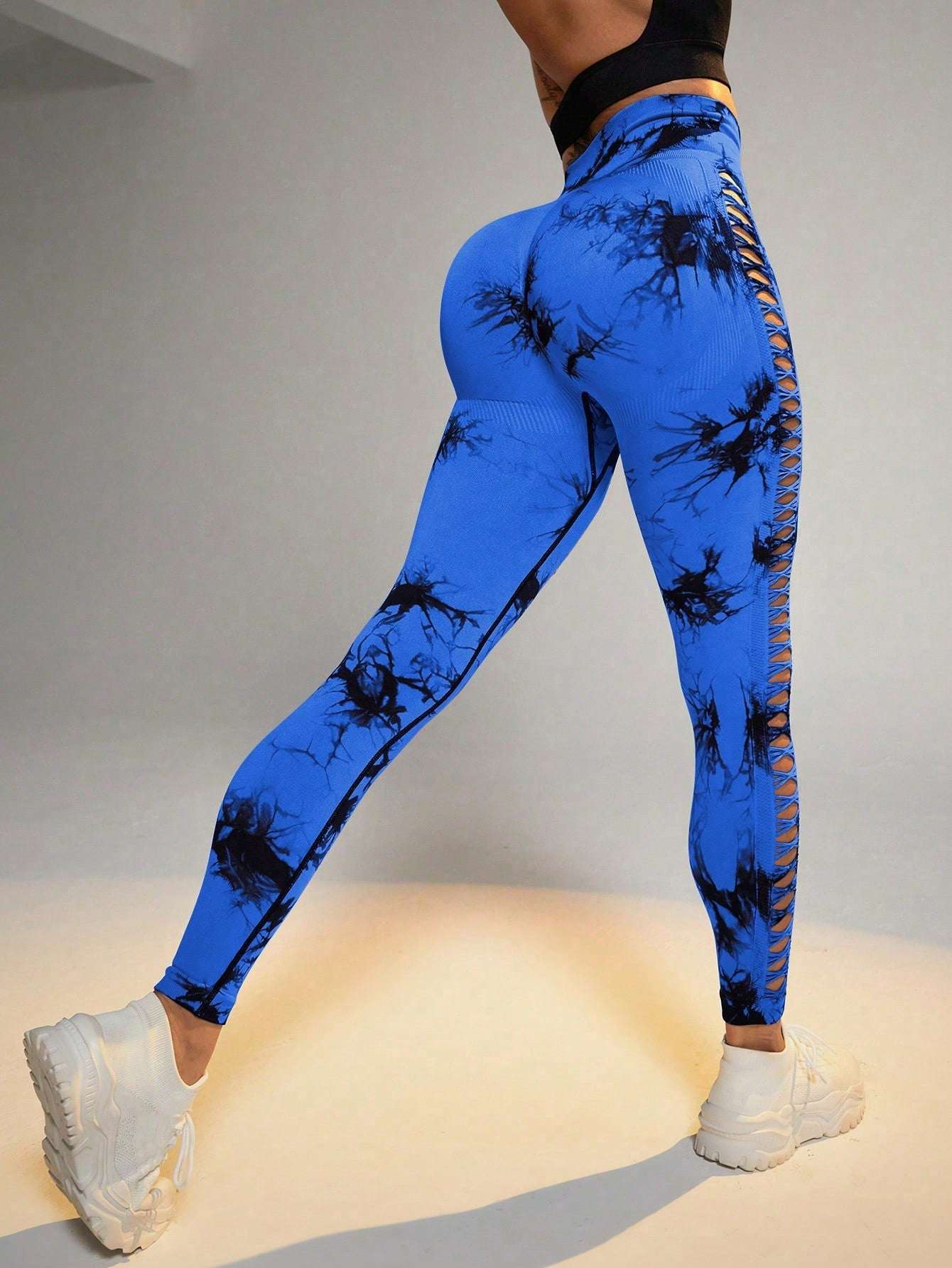 Hollow Tie Dye Printed Yoga Pants High Waist Butt Lift Seamless Sports Gym Fitness Leggings Slim Pants For Women Tight Trousers Yoga Pants fashion novaa Dark Blue L