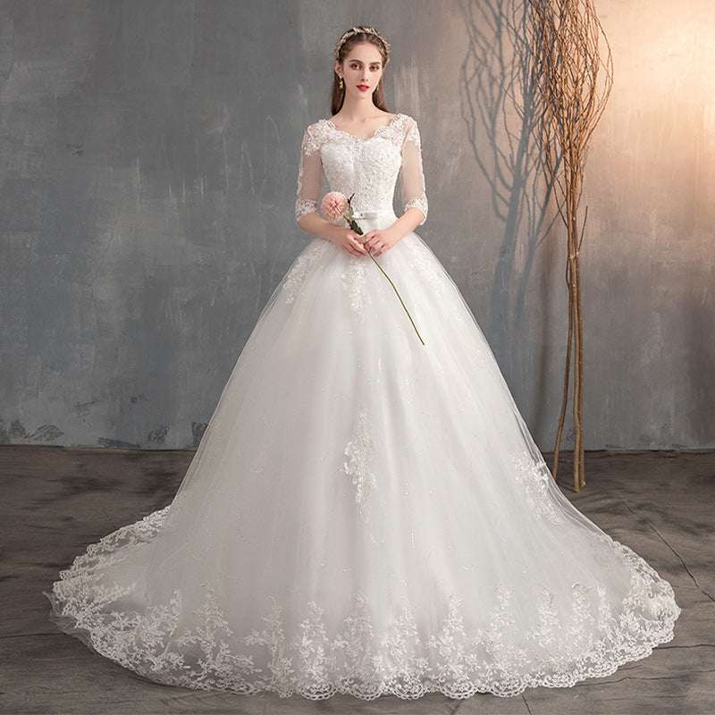 Wedding Dress Trailing Deep V Neck Lace High Waist Wedding Dress Long Sleeves Wedding Dresses fashion novaa White with all sides 10