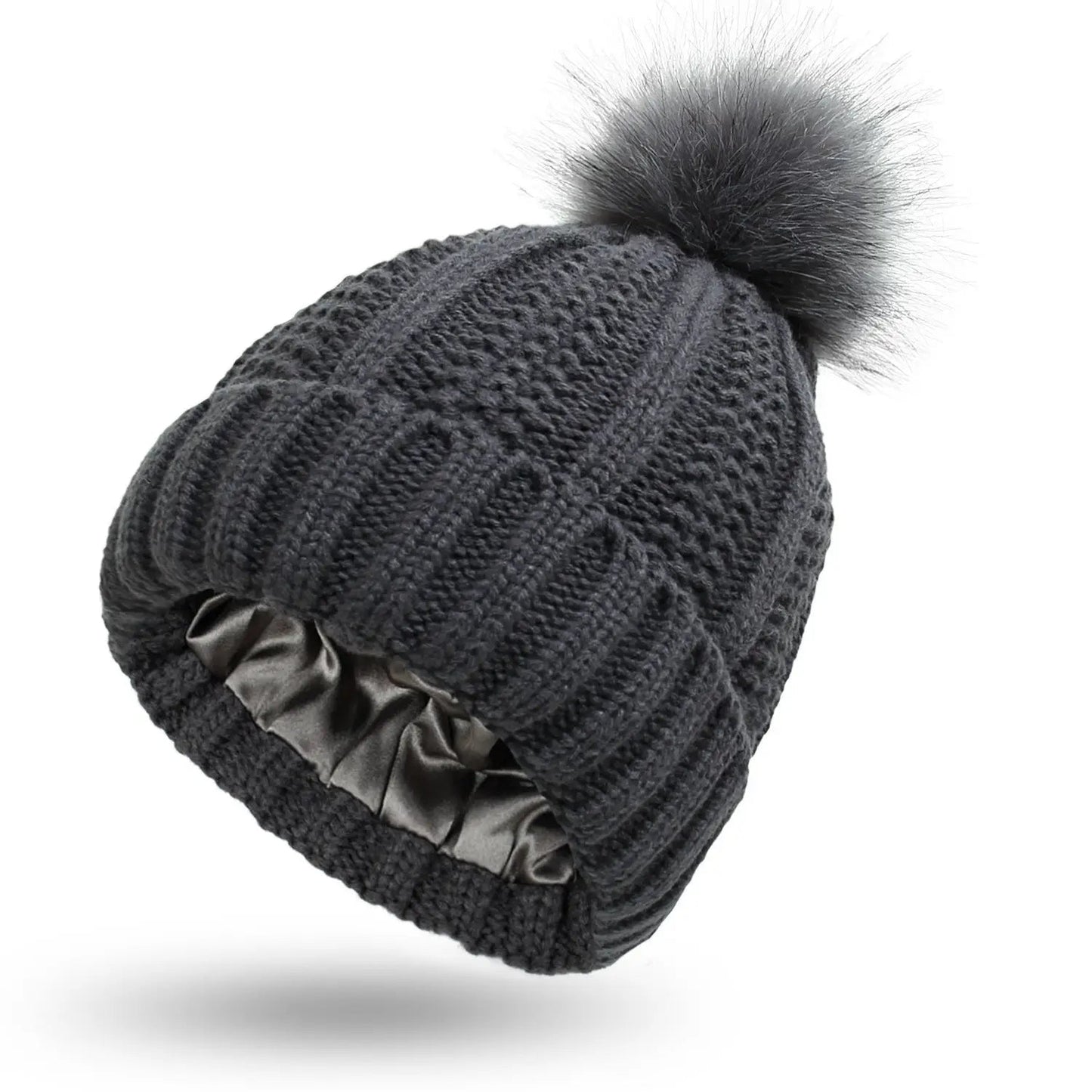 Fashion Stretchy Satin Lined Skull Knit Hats Beanie Hat For Women Faux Fur Pom Pom Hat Winter Keep Warming Beanie Hat Trending Products fashion novaa Dark Grey One size