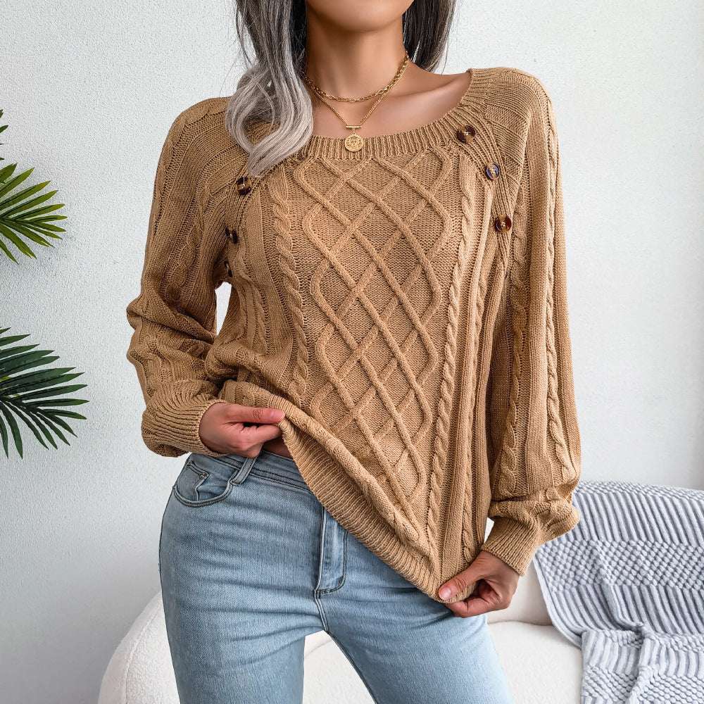Square Neck Knitted Sweater With Button Design Winter Warm Long Sleeve Tops Women's Clothing dress fashion novaa