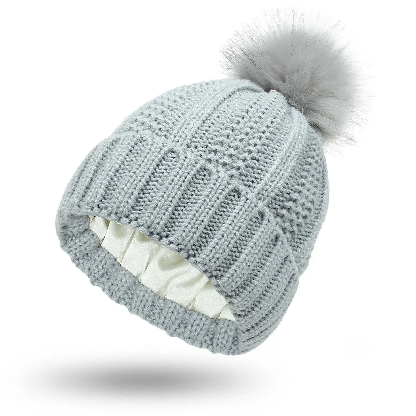 Fashion Stretchy Satin Lined Skull Knit Hats Beanie Hat For Women Faux Fur Pom Pom Hat Winter Keep Warming Beanie Hat Trending Products fashion novaa Light Grey One size